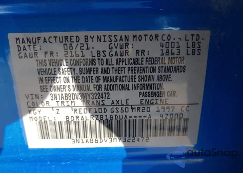 2021 Nissan Sentra Sr Xtronic Cvt из США, поврежденный, VIN 3N1AB8DV3MY322472